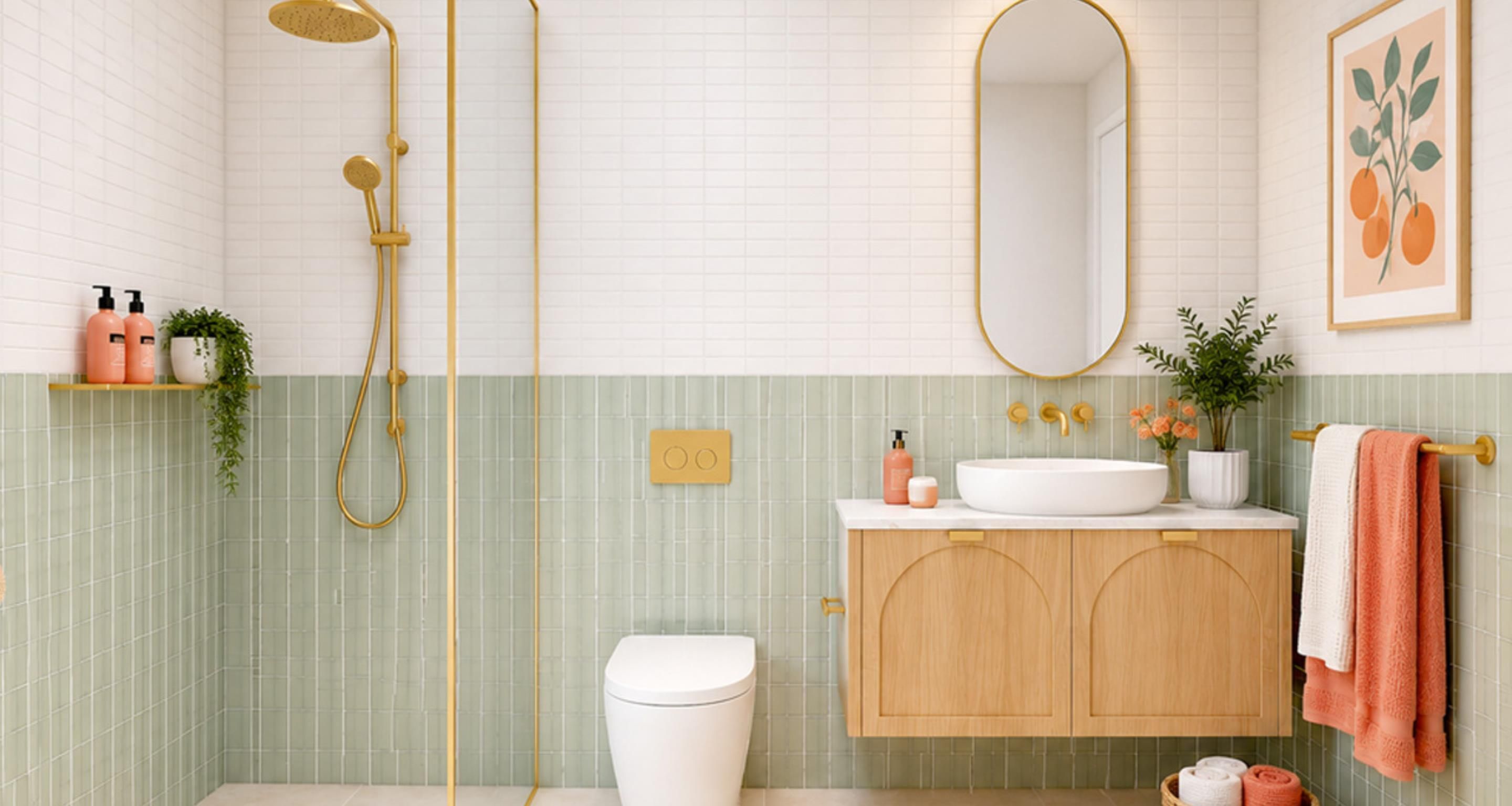 A bathroom with a white toilet, a wooden vanity with a sink, a shower with a gold showerhead, and a mirror with a gold frame.
