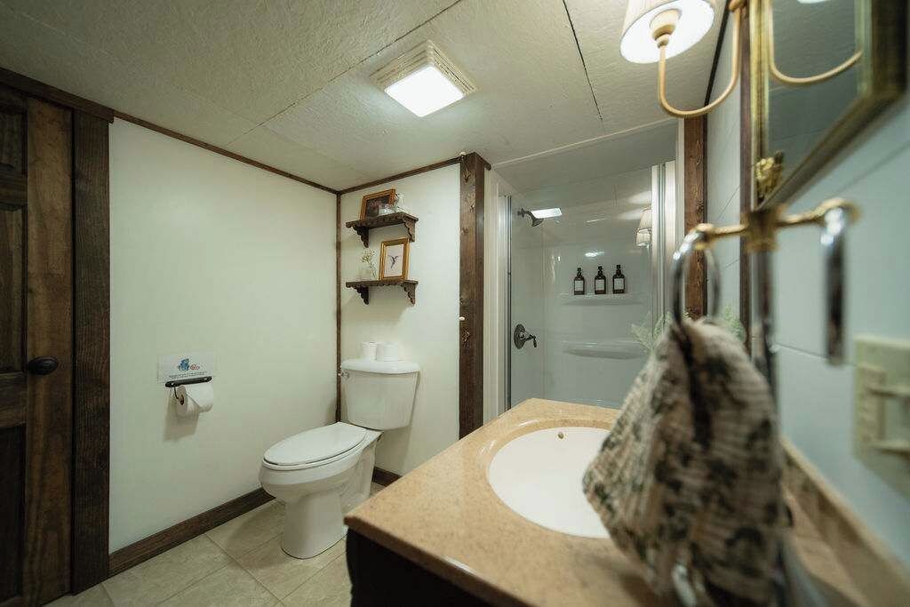 Un baño con inodoro, lavabo y zona de ducha.