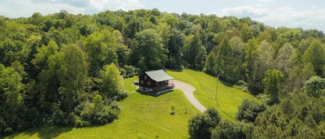Ein ländliches Haus, umgeben von üppiger Natur und einem gewundenen Weg.
