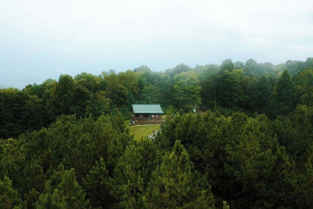 A lodge surrounded by dense forest, with a clear view of the building and its immediate surroundings.