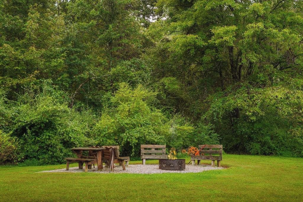 A picnic area with wooden benches and a fire pit surrounded by lush greenery.
