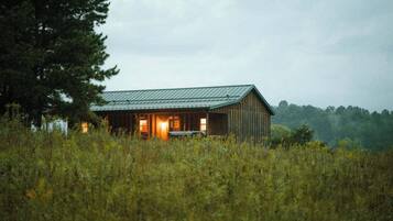 A rustic cabin with a metal roof, surrounded by tall grass and a large tree.