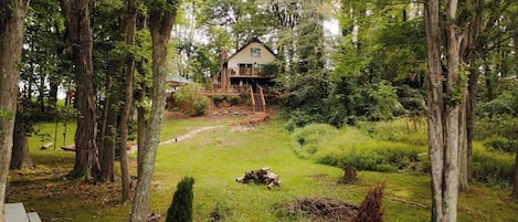 A cabin surrounded by dense forest, with a clear path leading to the entrance.