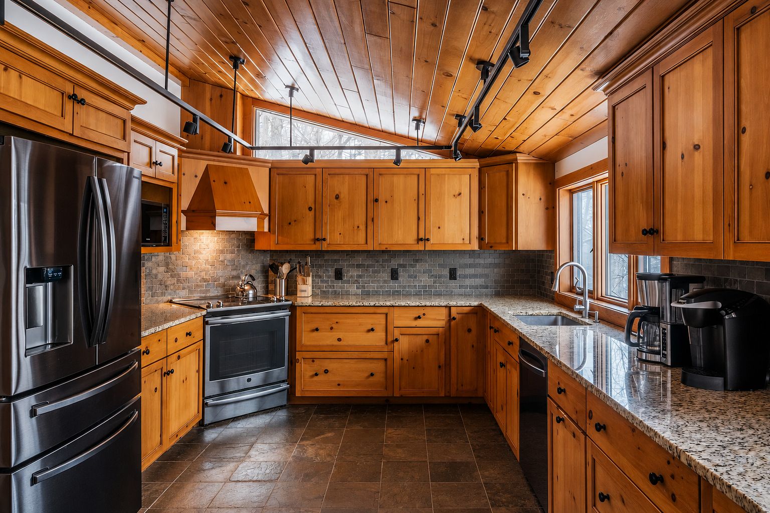 Une cuisine moderne avec des meubles en bois, des appareils en acier inoxydable et un plan de travail en granit.