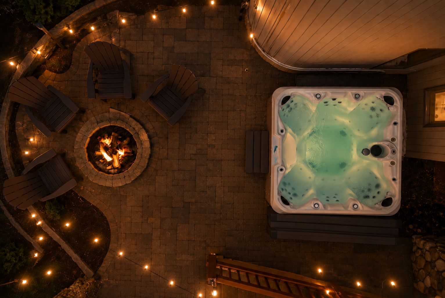 Ein Whirlpool mit Feuerstelle, umgeben von Adirondack-Stühlen und Lichterketten.