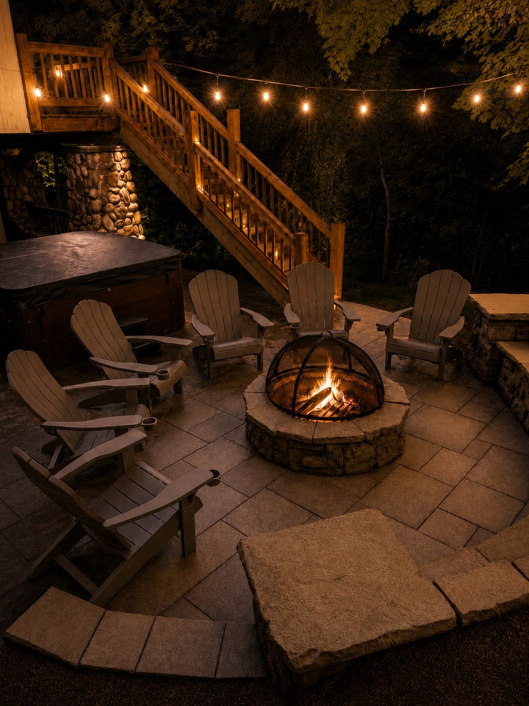 Une terrasse extérieure avec des fauteuils Adirondack, un foyer en pierre et un escalier en bois.