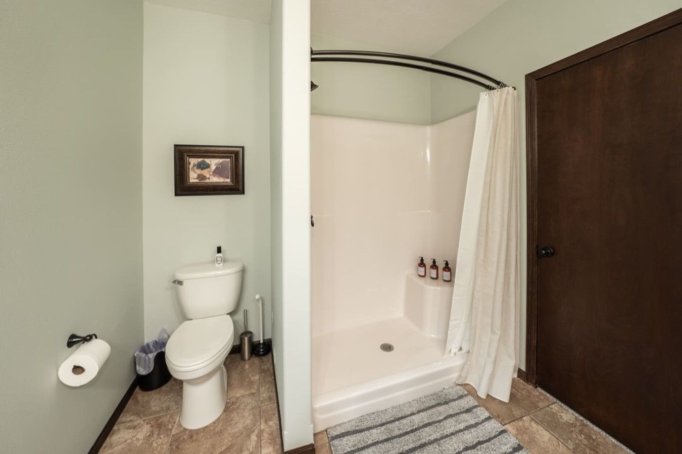 A bathroom with a toilet, shower, and a framed picture on the wall.