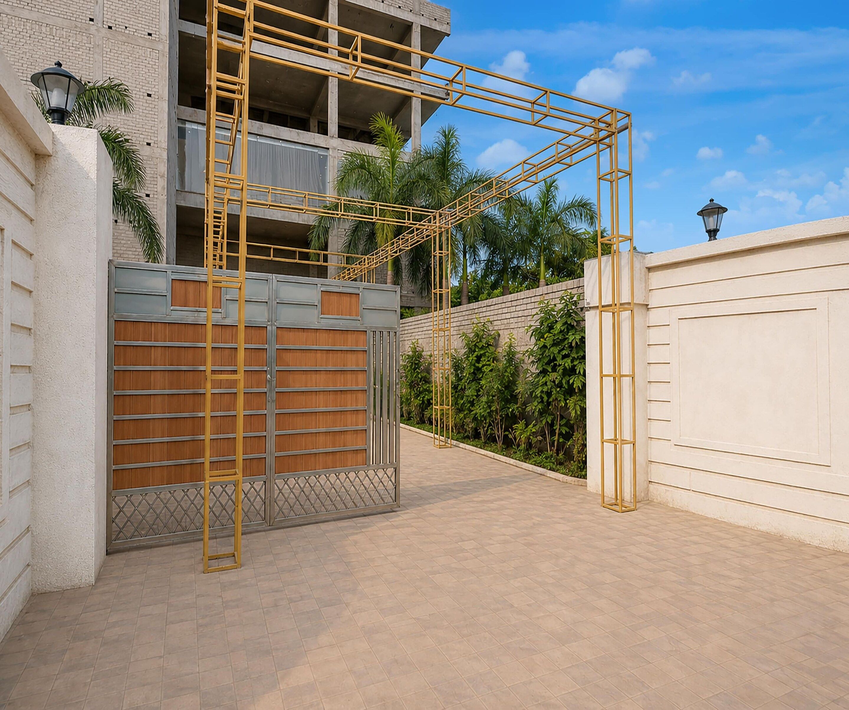 A gated entrance with a metal gate and a yellow metal frame structure.