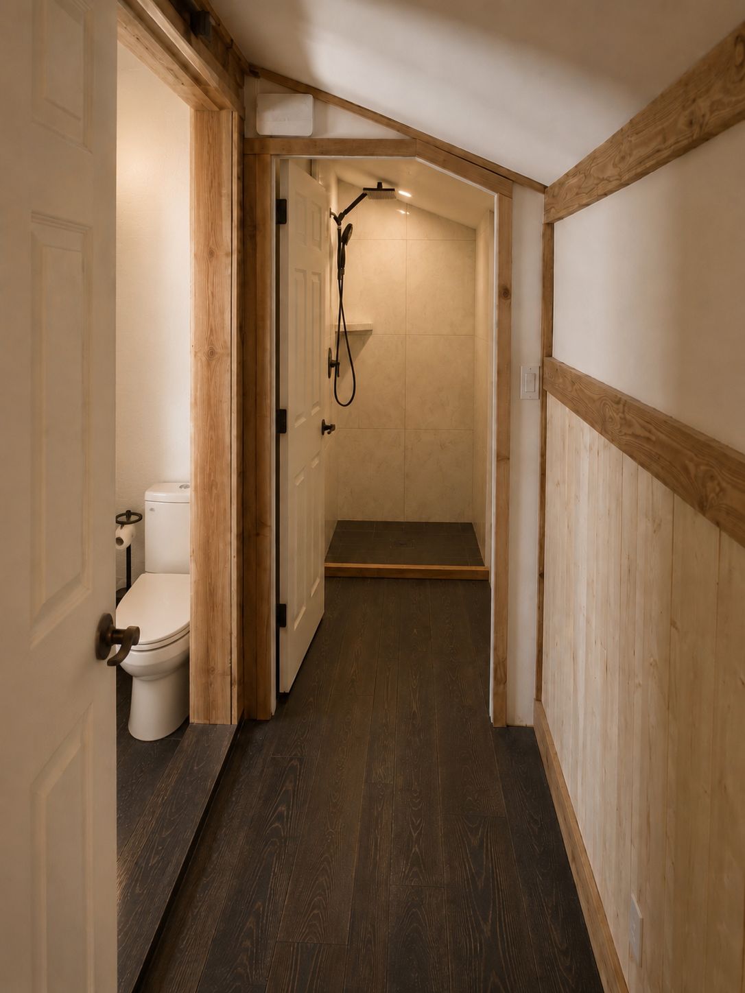 Ein schmaler Flur mit Holzboden, der zu einem Duschbereich mit Duschkopf und Toilette führt.