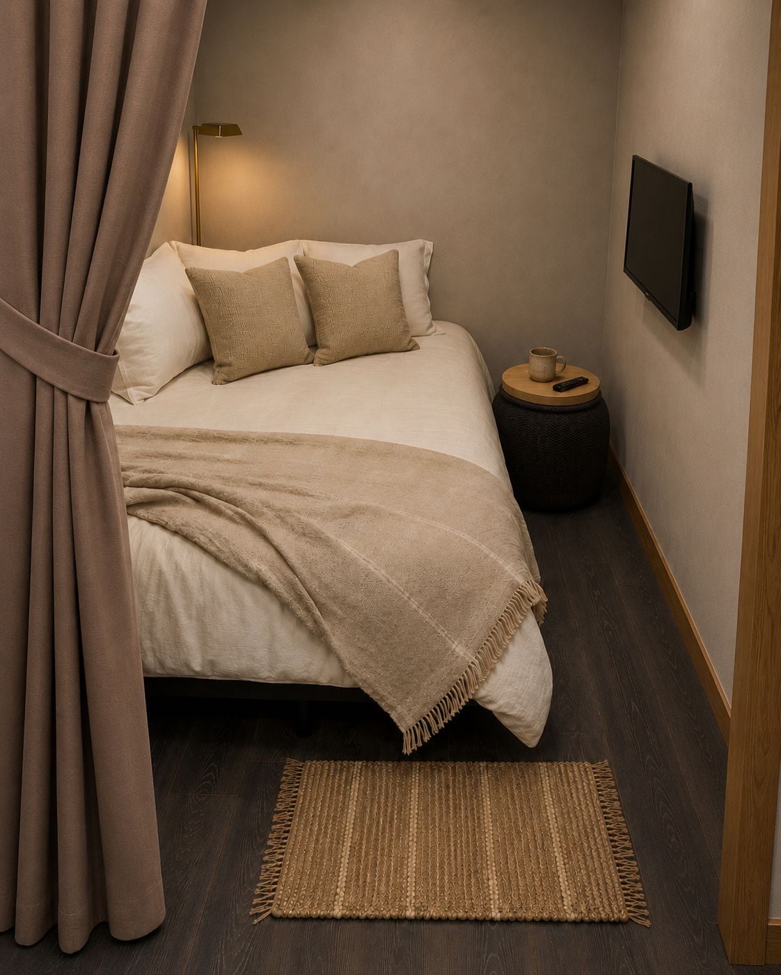 Ein Schlafzimmer mit einem Bett, einem Nachttisch, einem Fernseher und einem Teppich.