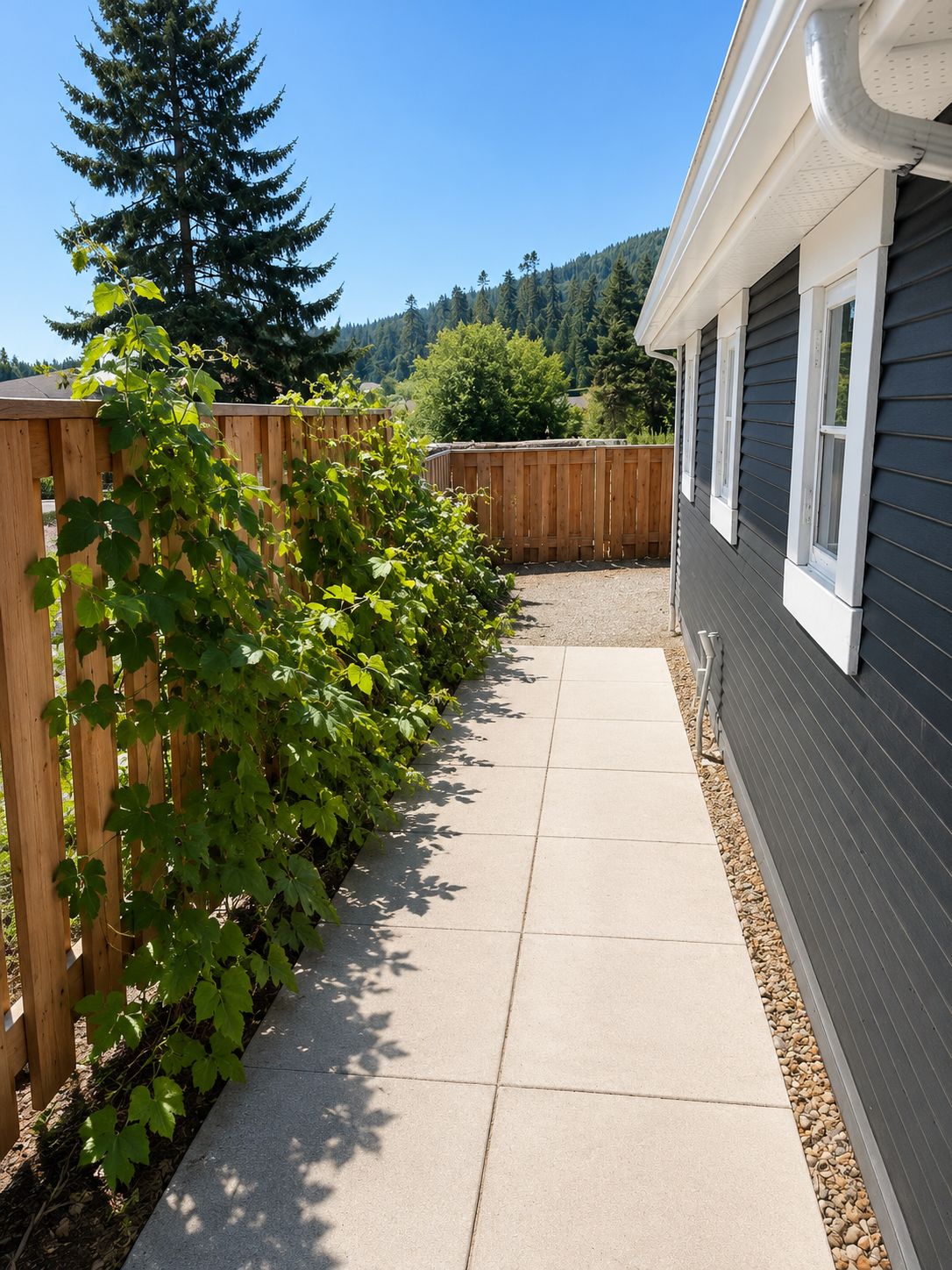 A concrete pathway leading to a house with a wooden fence and a wooden deck.
