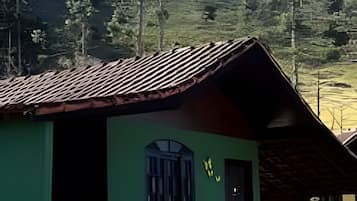 A green building with a sloped roof, a window, and a door.