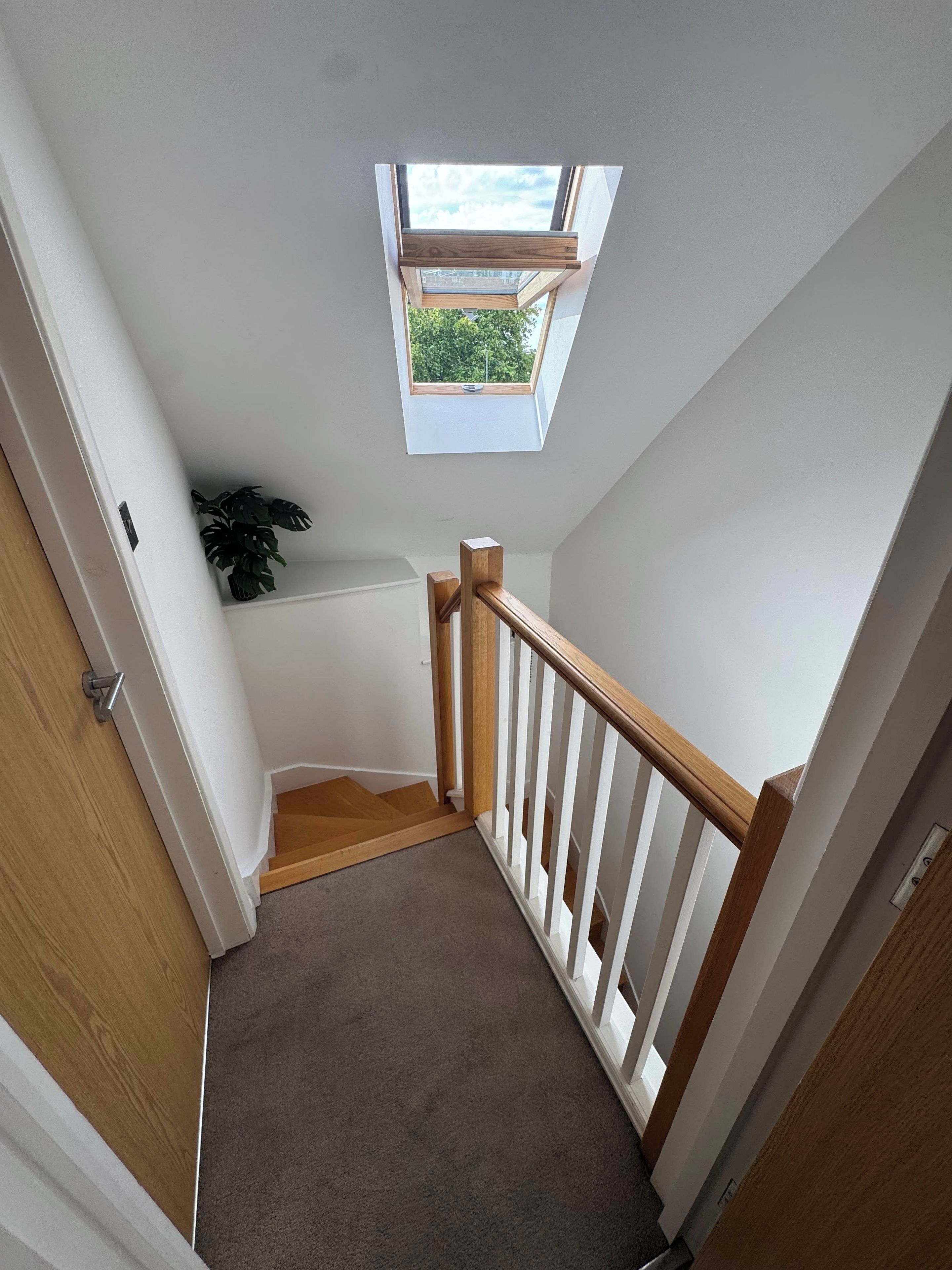 Un escalier étroit avec une rampe en bois, des marches recouvertes de moquette et une lucarne.