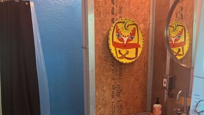 A bathroom with a shower, sink, and mirror. - Container home on bamboo farm with AC near Disney (Kissimmee)