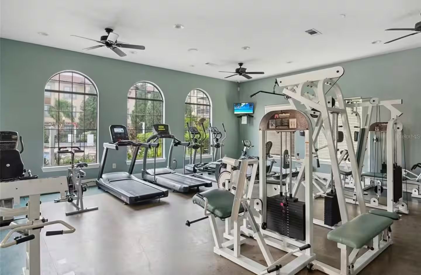 Een fitnessruimte met loopbanden, gewichtstoestellen en een televisiescherm.