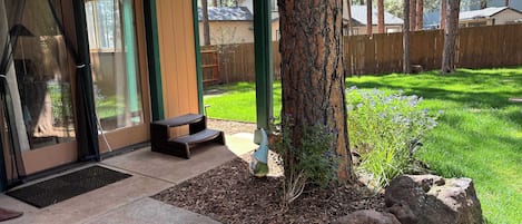 Ein überdachter Patio-Bereich mit einer Bank, einem Baum und einem Rasenstück im Hintergrund, umgeben von einem Holzzaun.