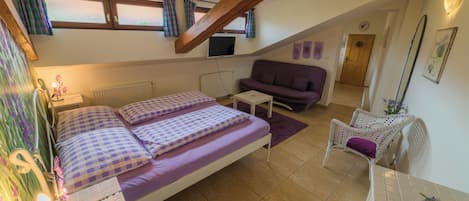 Un dormitorio con cama, sofá, una mesita y una silla. Hay una ventana con cortinas, un radiador y un televisor montado en la pared.