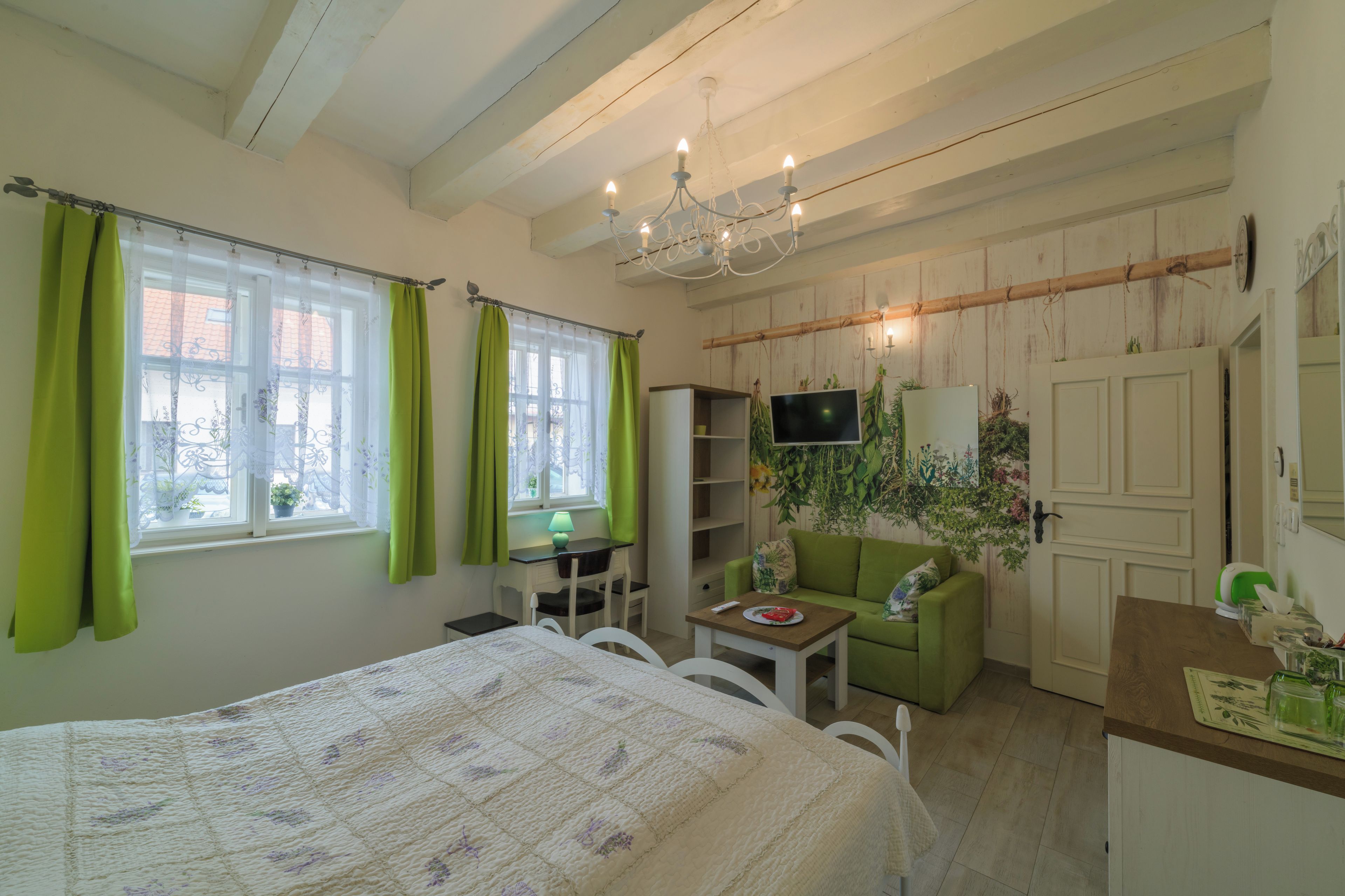 Een kamer met een bed, een bureau, een stoel, een televisie en een groene bank.