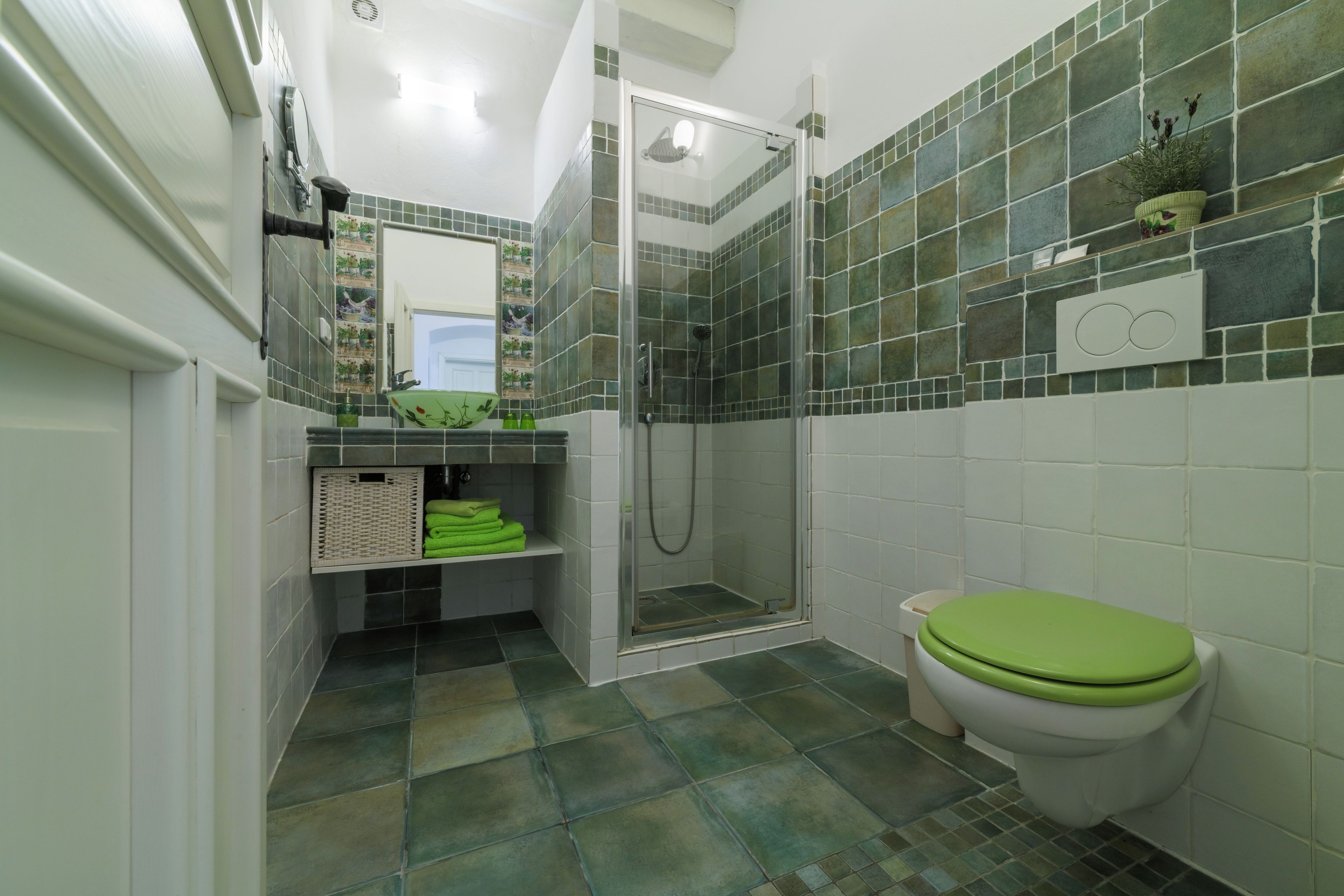 Une salle de bain avec douche, toilettes et lavabo.