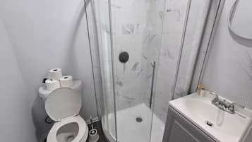 A modern bathroom with a toilet, a shower enclosure, and a sink.