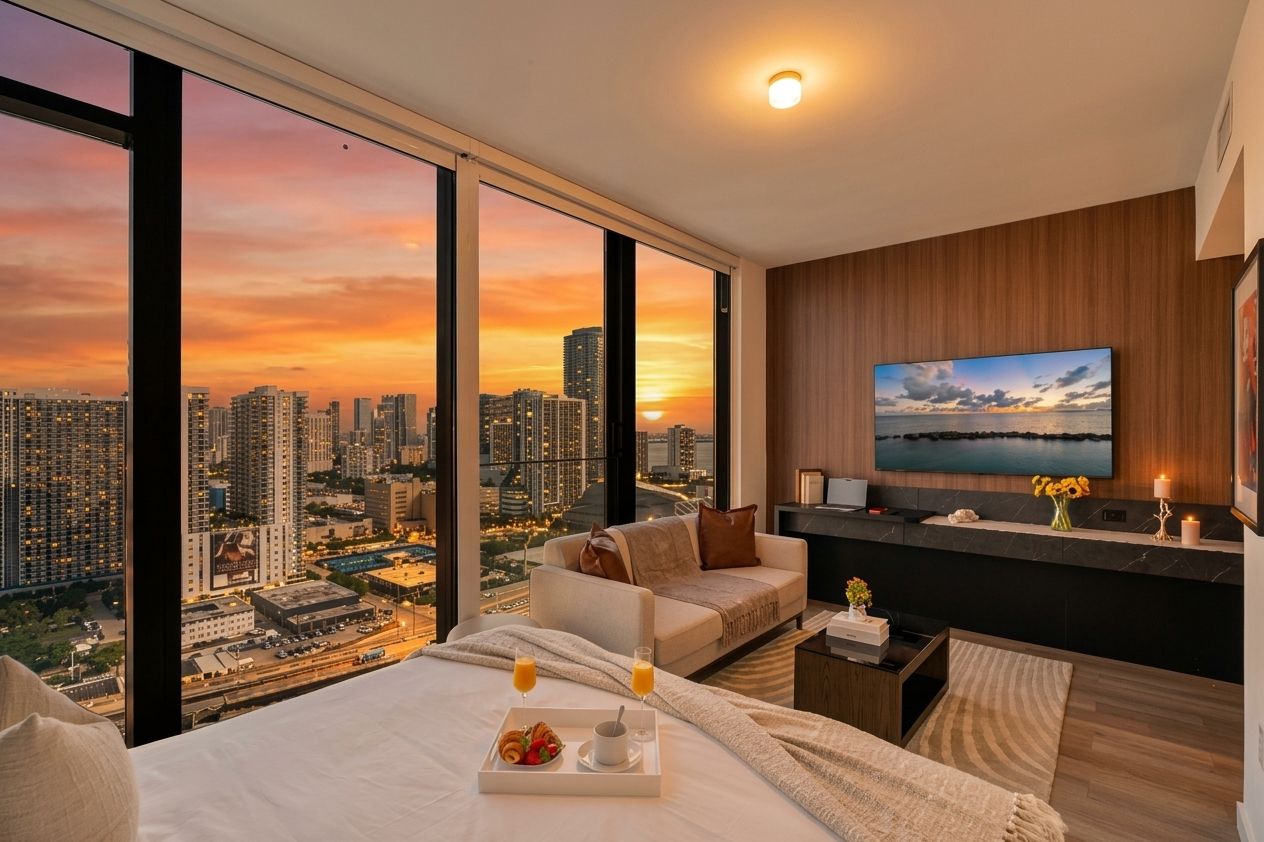A modern hotel room with a city view, a bed with breakfast, a TV, and a cozy seating area.