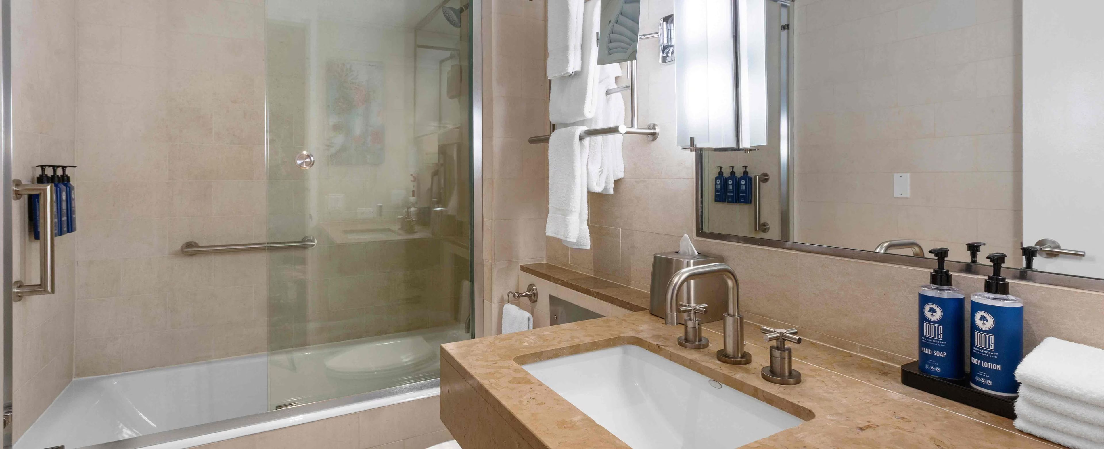 A modern bathroom with a glass-enclosed shower, a sink with a vanity, and two bottles of Roots hand soap and lotion.