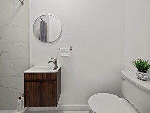 A bathroom with a white sink, a mirror, a toilet, and a small potted plant. - King Studio with Kitchenette and Private Deck (New York)