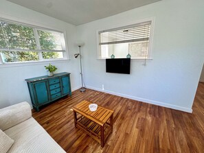 A room with a wooden floor, a teal cabinet, a white sofa, a small wooden table, and a wall-mounted TV.