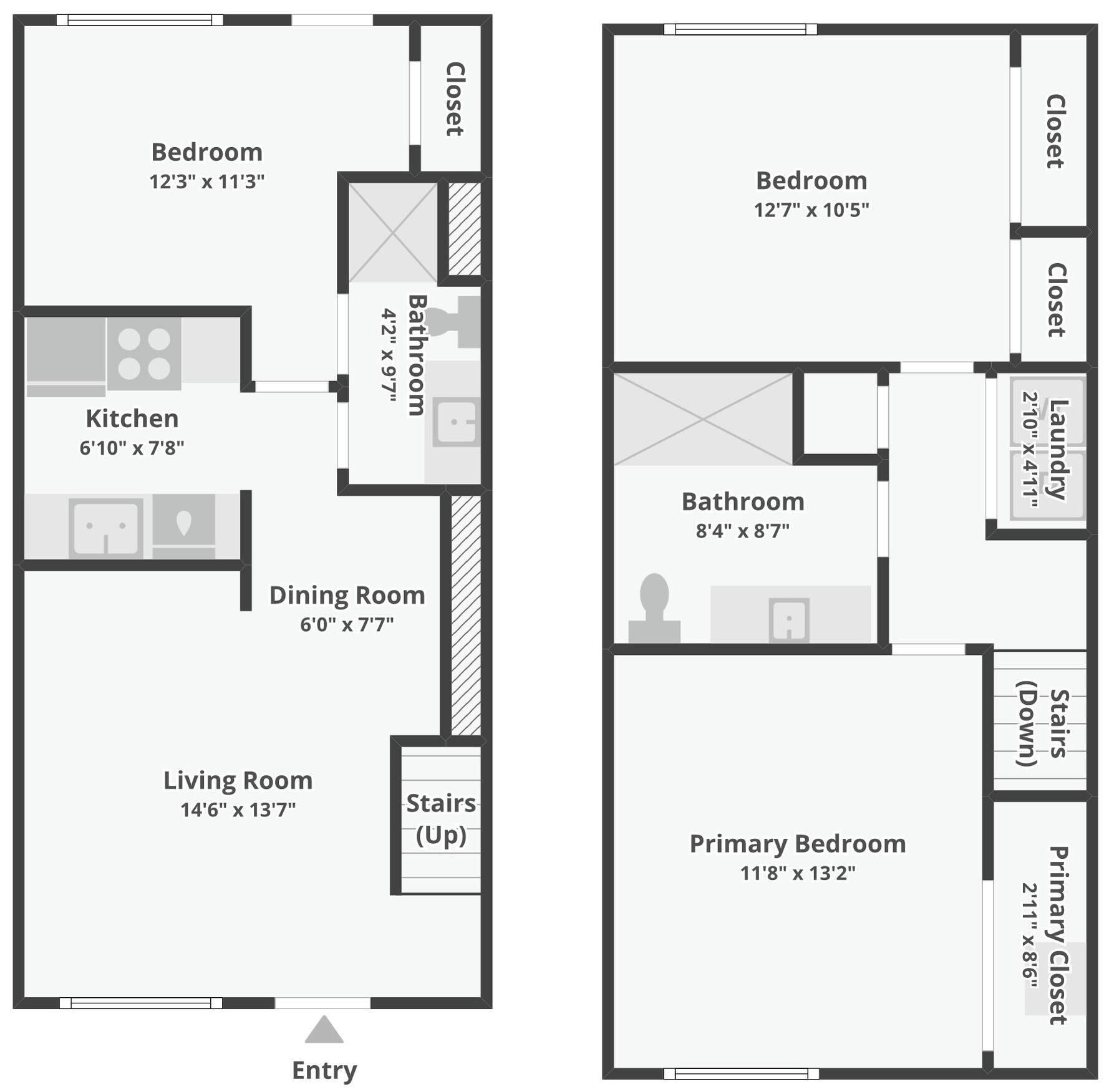 A floor plan of a hotel room with a living room, dining room, kitchen, bathroom, and two bedrooms.