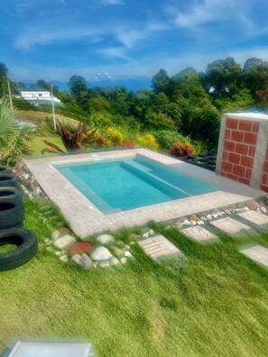 A rectangular swimming pool with a stone border, surrounded by grass and plants, with a clear sky in the background.