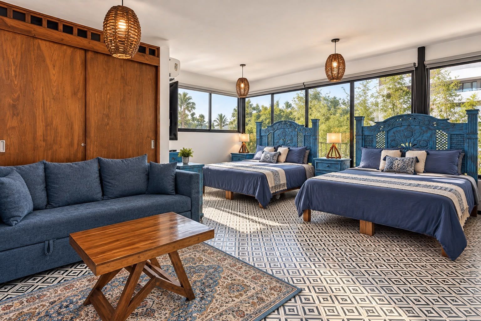 A bedroom with two beds, a sofa, and a coffee table.