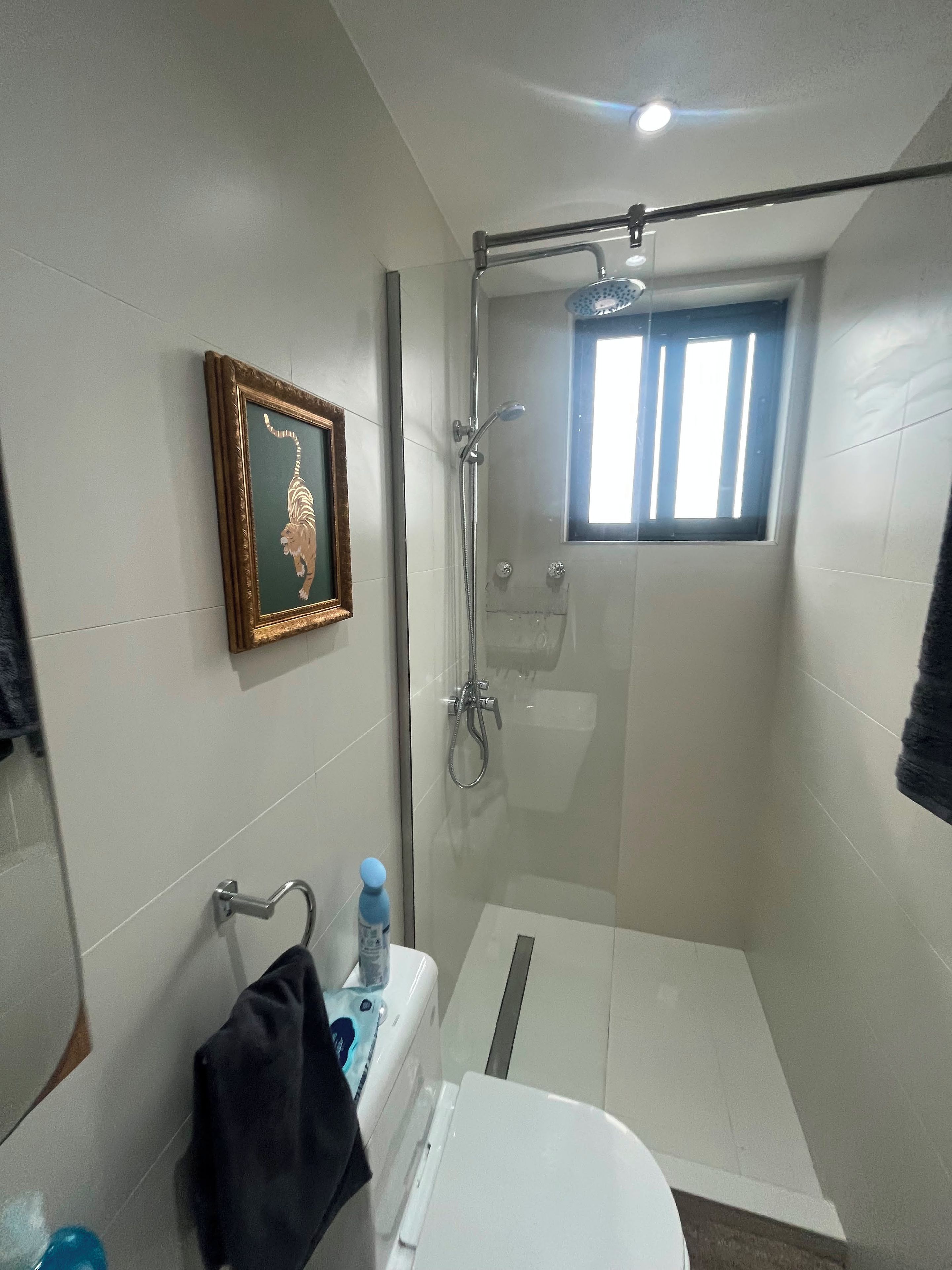A bathroom with a shower, toilet, and a framed picture on the wall.