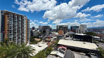 A cityscape with high-rise buildings, a clear sky, and a mix of commercial and residential structures.