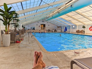 An indoor swimming pool with a glass ceiling, lounge chairs, and potted plants.