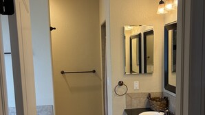 A bathroom with a shower, a sink, and a mirror.