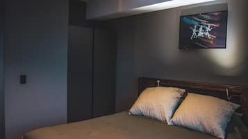 A bedroom with a bed, two pillows, a headboard, and a wall-mounted artwork.