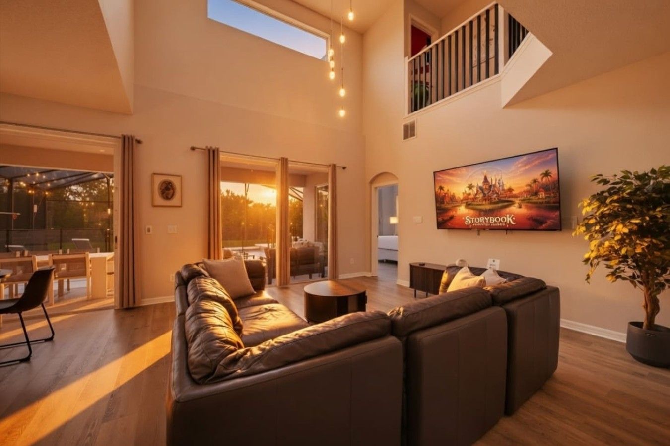 A spacious living area with a large sectional sofa, a flat-screen TV mounted on the wall, and a dining area with a table and chairs.