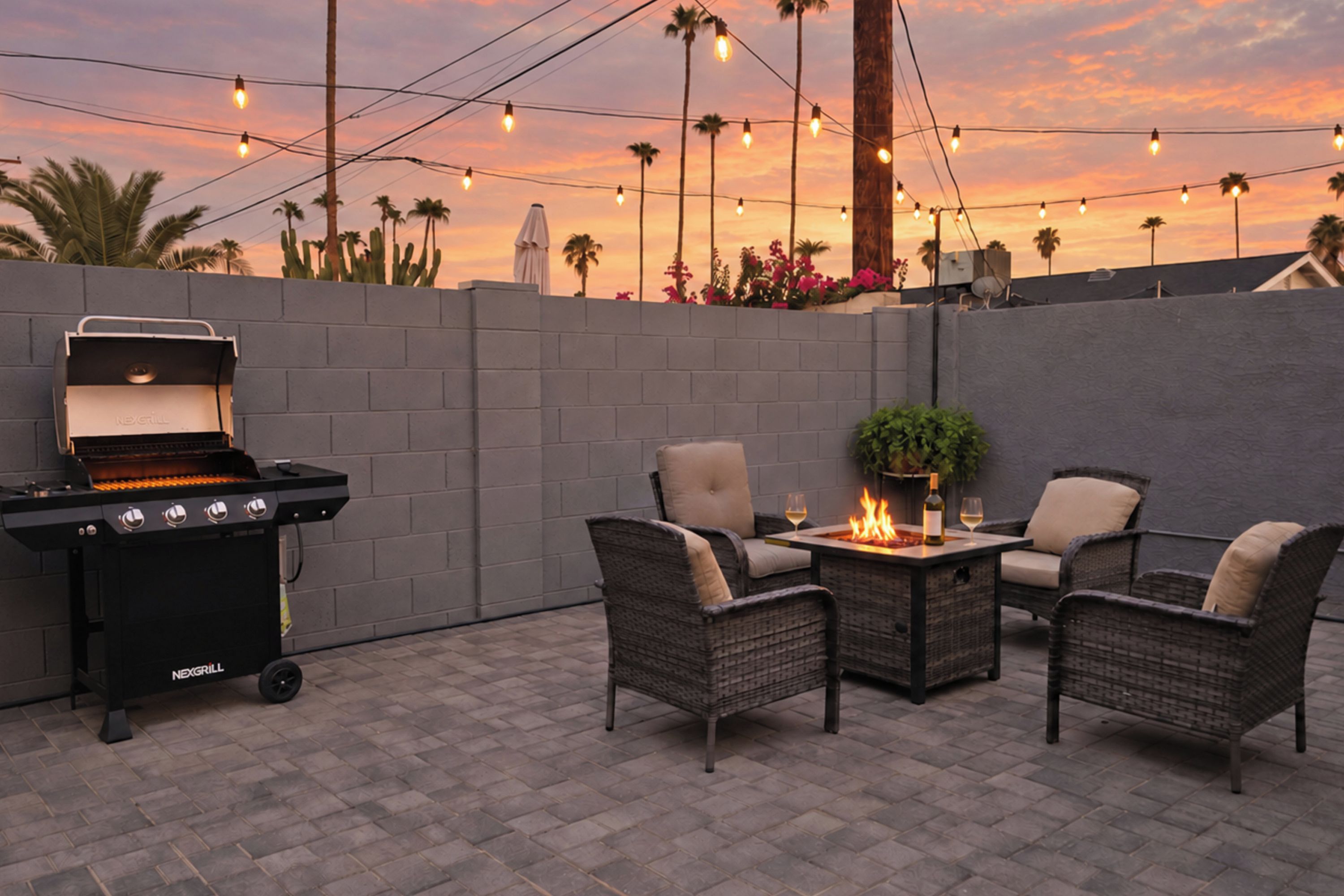 An outdoor patio with a grill, wicker furniture, and a fire feature.