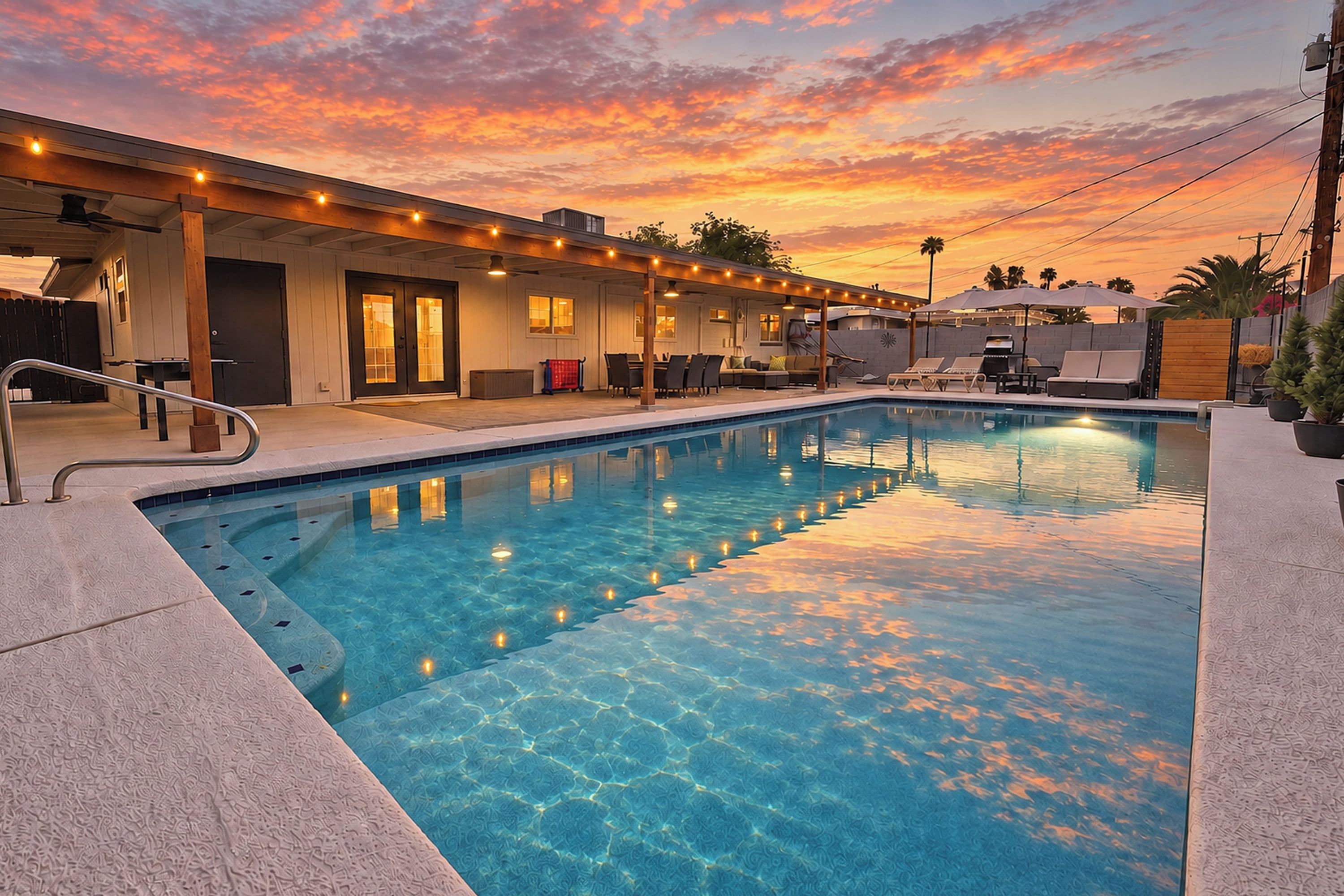A swimming pool with a clear blue water surface, surrounded by a covered patio area with seating and string lights.