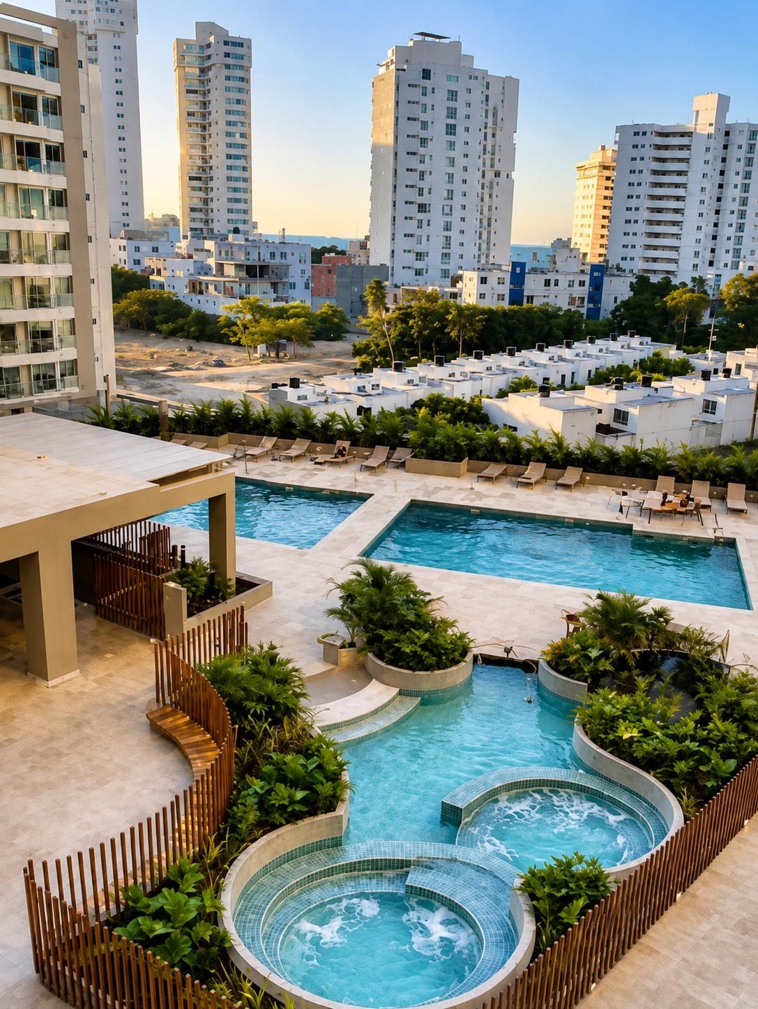 A rooftop swimming pool with multiple sections, including a hot tub area, surrounded by lounge chairs and greenery.