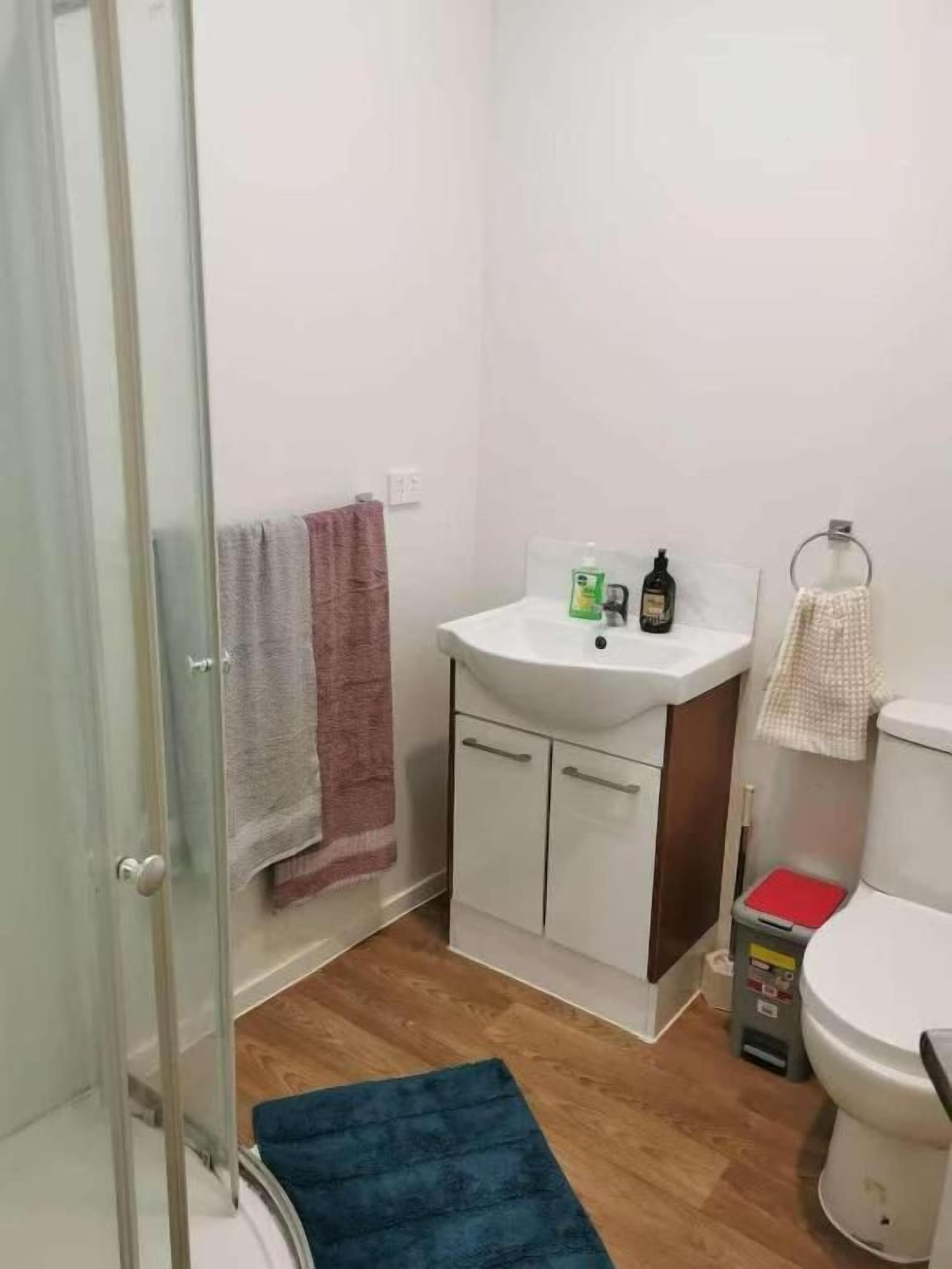Un bagno piccolo con una cabina doccia in vetro, un lavandino bianco, un water e un tappeto blu.