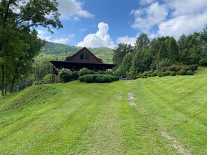 A wooden cabin with a porch, surrounded by a well-maintained lawn and dense forest.