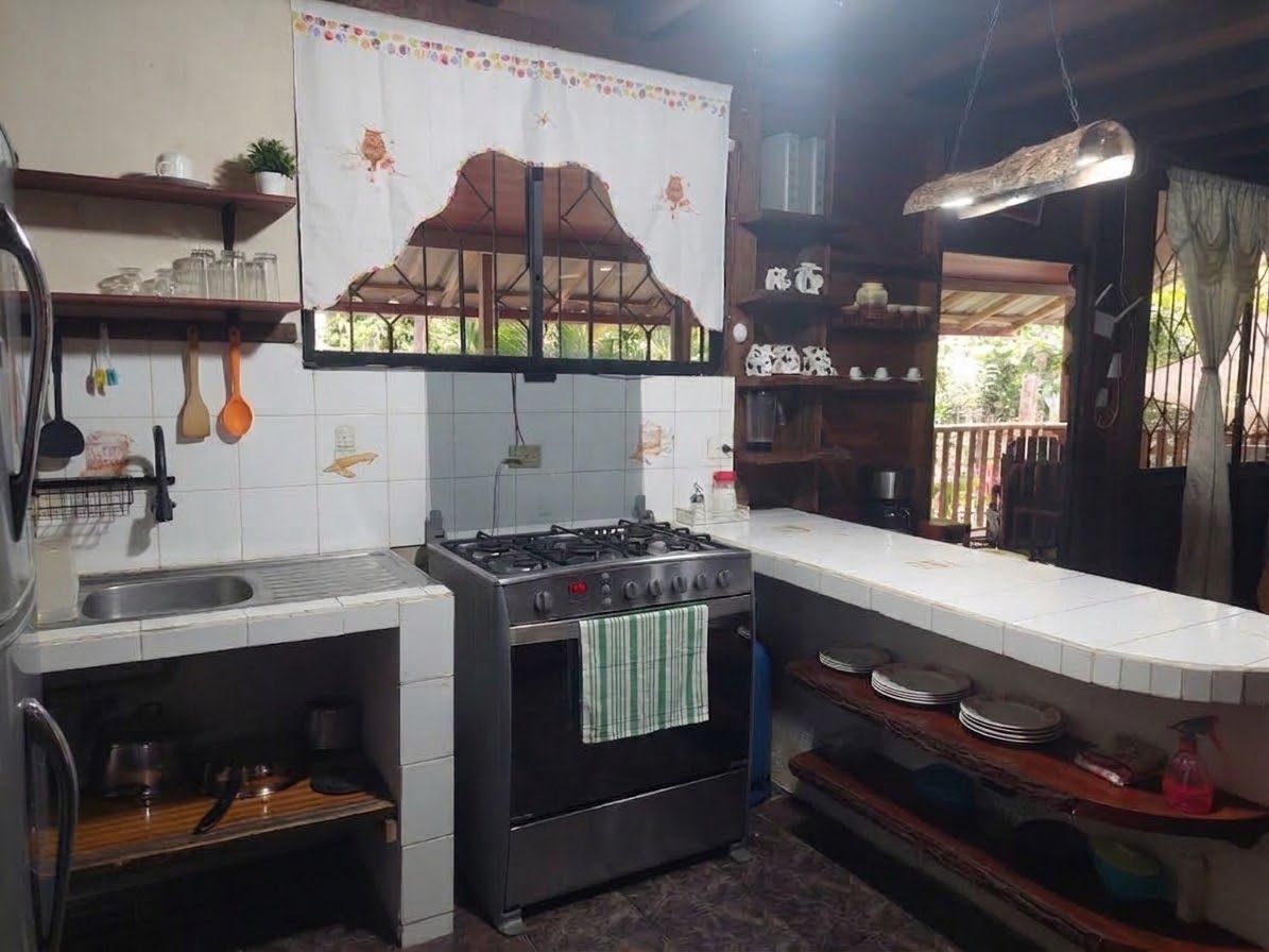 Une cuisine équipée d’une cuisinière à gaz, d’un four et de divers ustensiles. On y trouve une fenêtre avec un rideau et une étagère avec de la vaisselle.