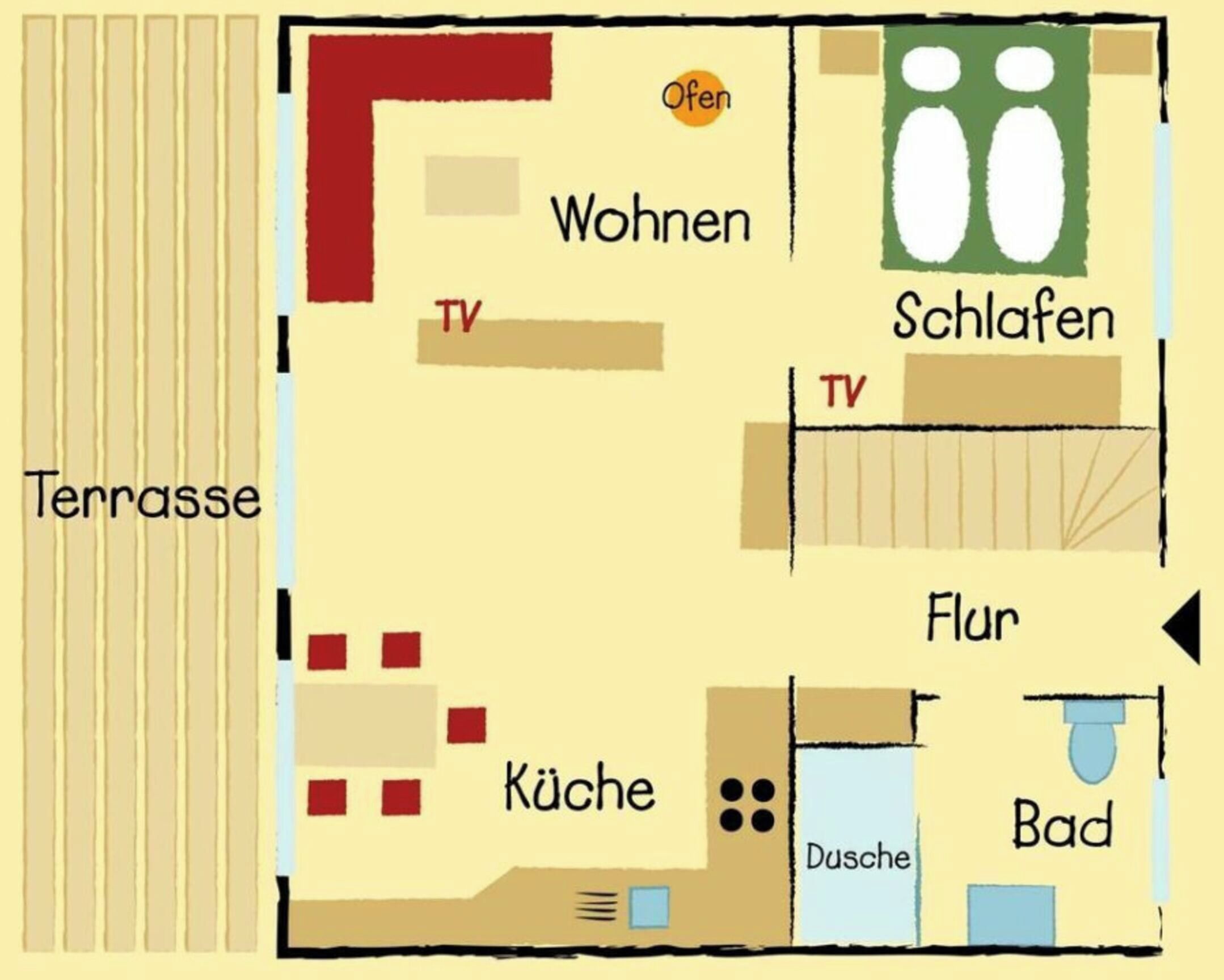 Ein Hotelzimmer mit Terrasse, Wohnzimmer, Schlafzimmer, Badezimmer und Küche.