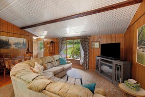 A cozy living room with a sectional sofa, a flat-screen TV, and a fireplace. - Entire house located on the Shenandoah River (Harpers Ferry)