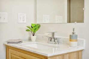 A bathroom with a white sink, a mirror, a potted plant, and a towel. - Five75 Lux Prov PC Suite 3 (Providence)