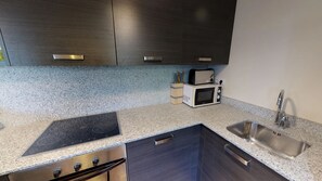 A modern kitchen with dark cabinetry, a granite countertop, a built-in microwave, a stainless steel sink, and a dishwasher. - Pondiellos 34 - tucasaenlospirineos (Escarrilla)