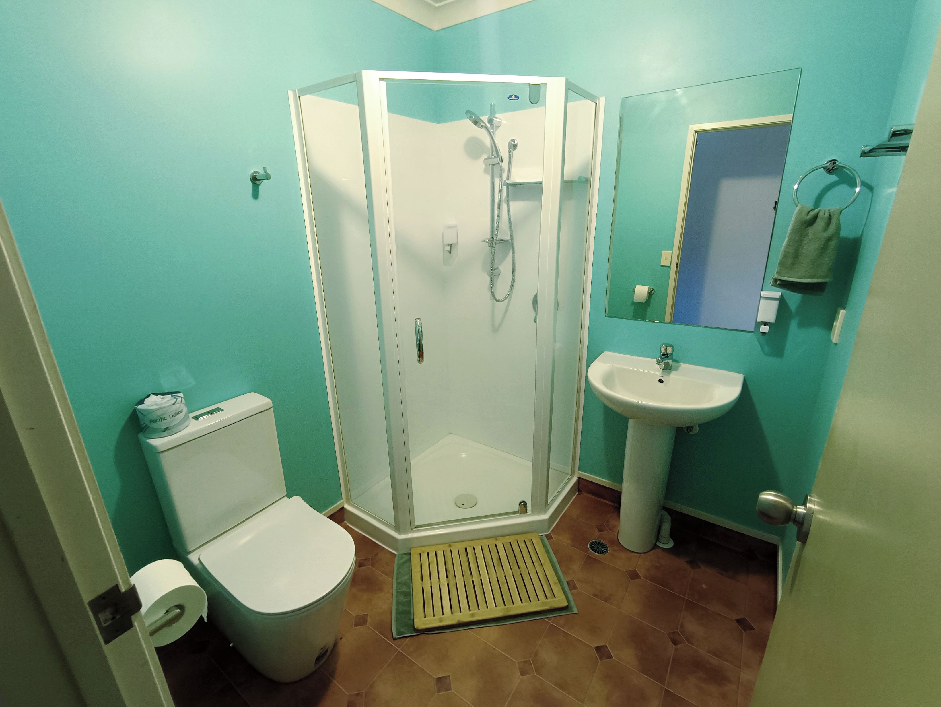 A bathroom with a shower, toilet, sink, and a mirror.