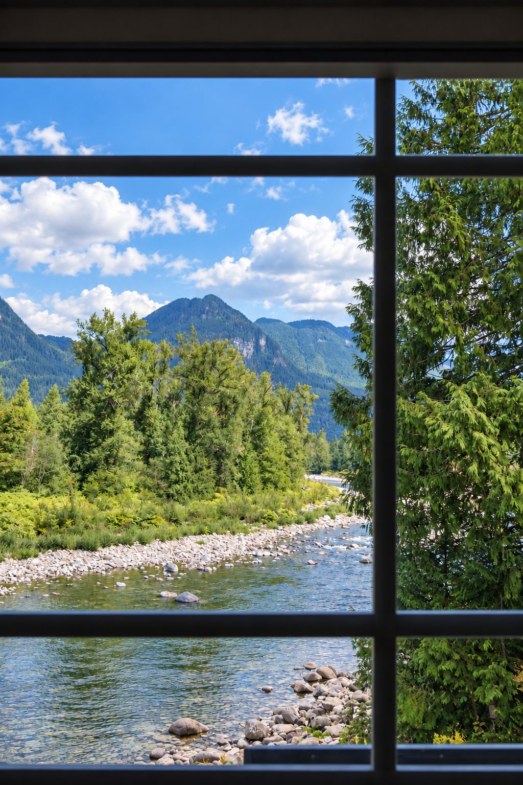 A river with a rocky bed, surrounded by dense green trees and mountains in the background.