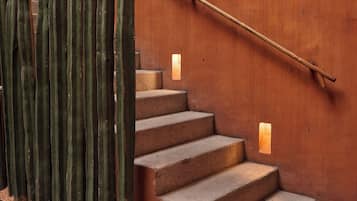 Una escalera con barandilla de madera, un muro de cactus y una fuente de piedra con flores.